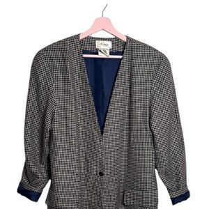 Vintage Perruzza Blazer Virgin wool navy blue White Checkered houndstooth office